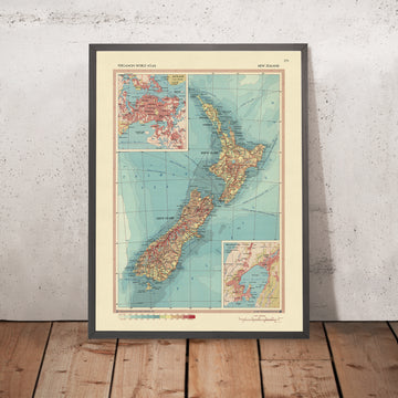 Mapa antiguo de Nueva Zelanda, 1967: Auckland, Wellington, Isla Norte, Isla Sur, Estrecho de Cook