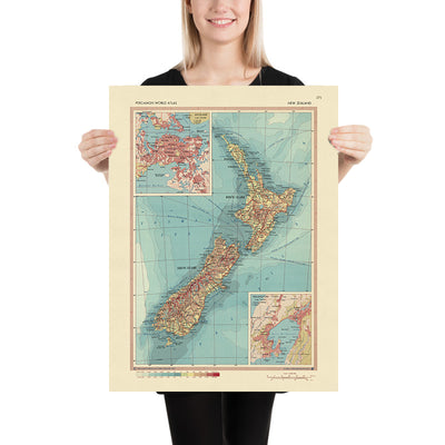 Old Map of New Zealand, 1967: Auckland, Wellington, North Island, South Island, Cook Strait