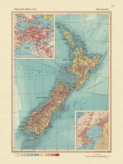 Old Map of New Zealand, 1967: Auckland, Wellington, North Island, South Island, Cook Strait