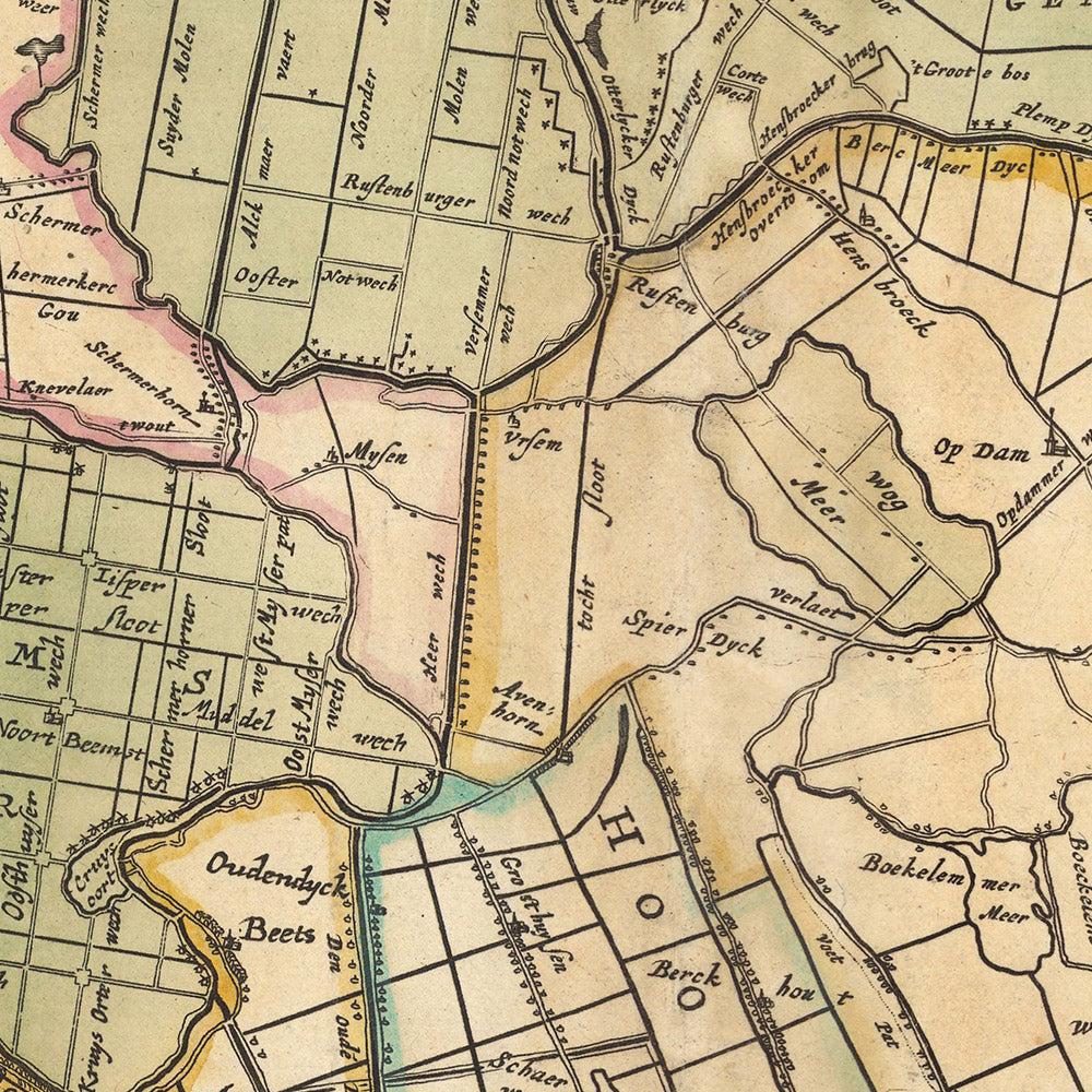 Old Map of North Holland by Visscher, 1690: Amsterdam, Alkmaar, Hoorn, Beverwijk, Purmerend