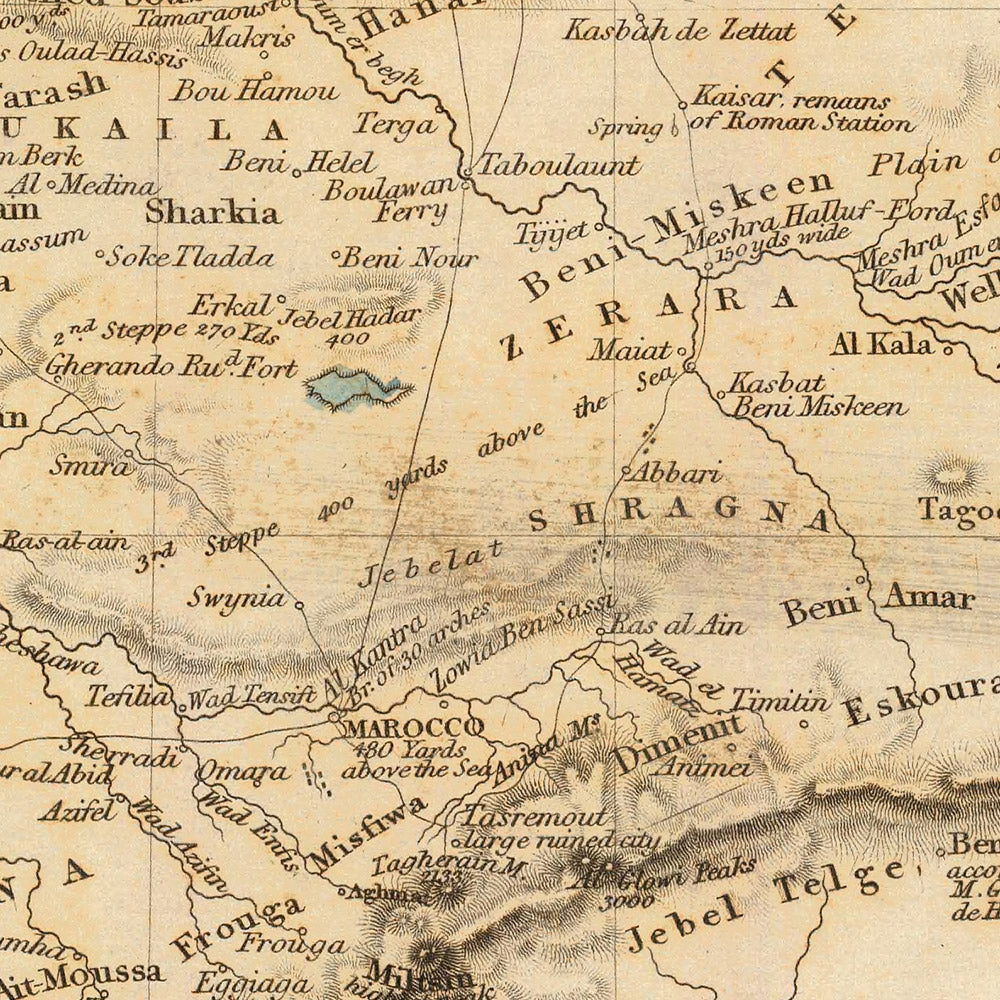 Alte Karte von Marokko von SDUK, 1836: Berber- und Amazigh-Stämme, Atlasgebirge, Sahara, Marrakesch, Fes, Casablanca 