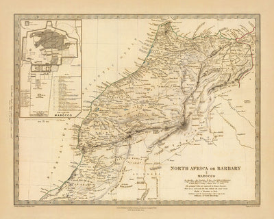 Alte Karte von Marokko von SDUK, 1836: Berber- und Amazigh-Stämme, Atlasgebirge, Sahara, Marrakesch, Fes, Casablanca 