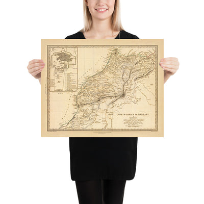 Alte Karte von Marokko von SDUK, 1836: Berber- und Amazigh-Stämme, Atlasgebirge, Sahara, Marrakesch, Fes, Casablanca 