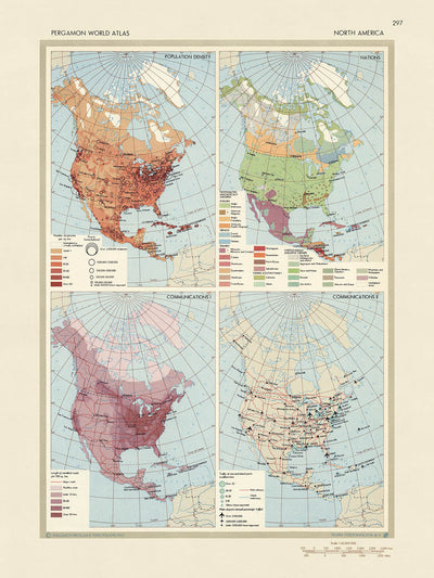 Antigua infografía del mapa de demografía y comunicaciones de América del Norte, 1967: Mapa de carreteras y ferrocarriles de la Guerra Fría 