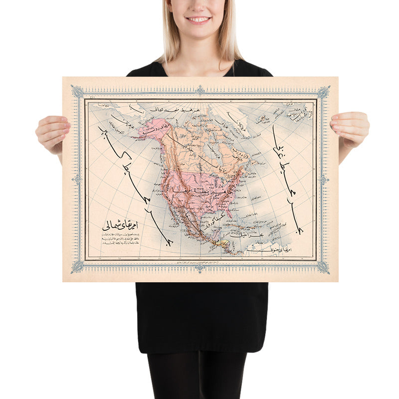 Mappa araba antica del Nord America di Esref, 1868: New York, Montagne Rocciose, Fiume Mississippi, Grandi Laghi, Città del Messico 