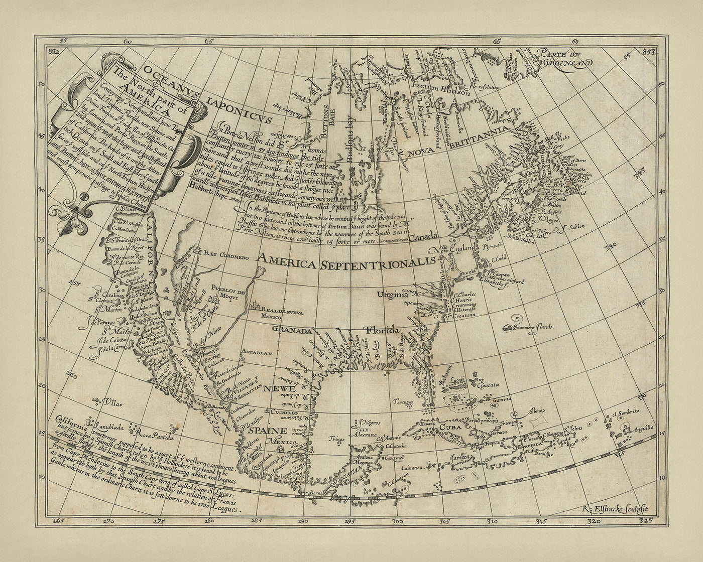 Seltene alte Karte von Nordamerika von Briggs, 1625: Cape Cod, Hudson Bay, Jamestown, Kalifornieninsel, San Diego 