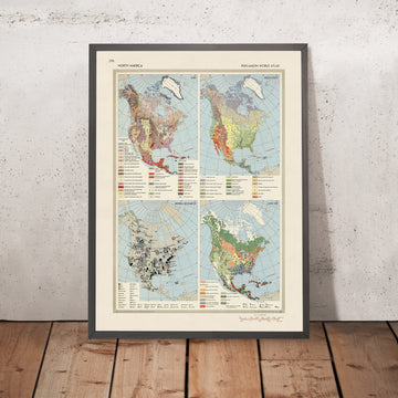 Antigua infografía del mapa de América del Norte, 1967: Uso del suelo, Vegetación, Recursos minerales 