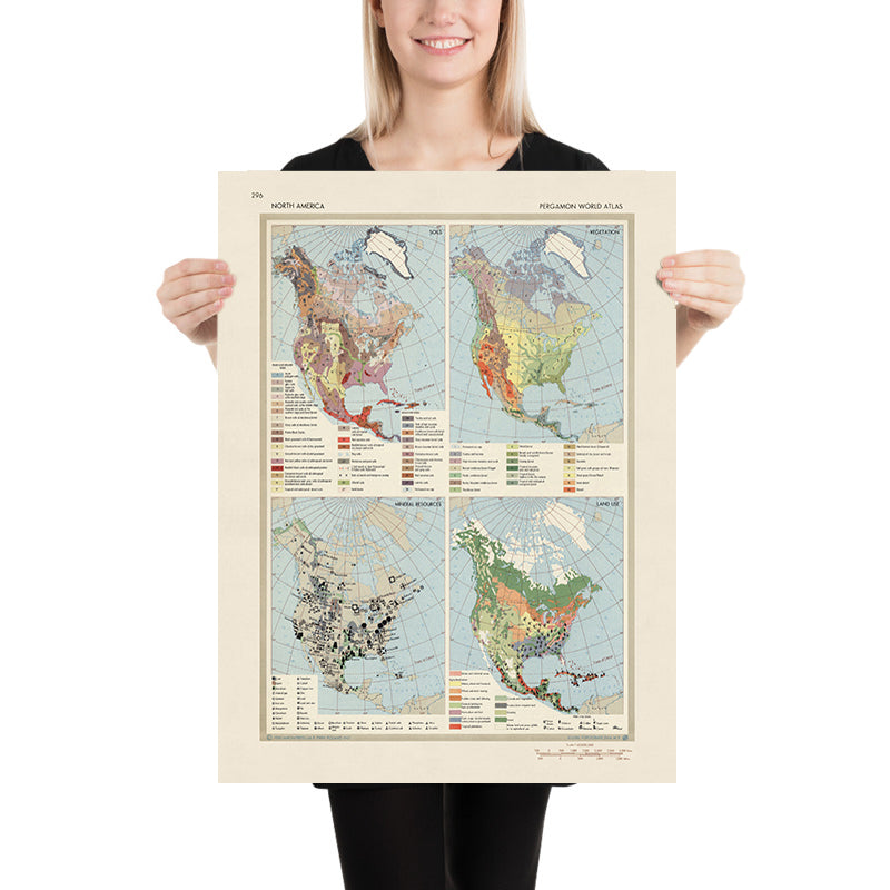 Old Infographic Map of North America, 1967: Land Use, Vegetation, Mineral Resources