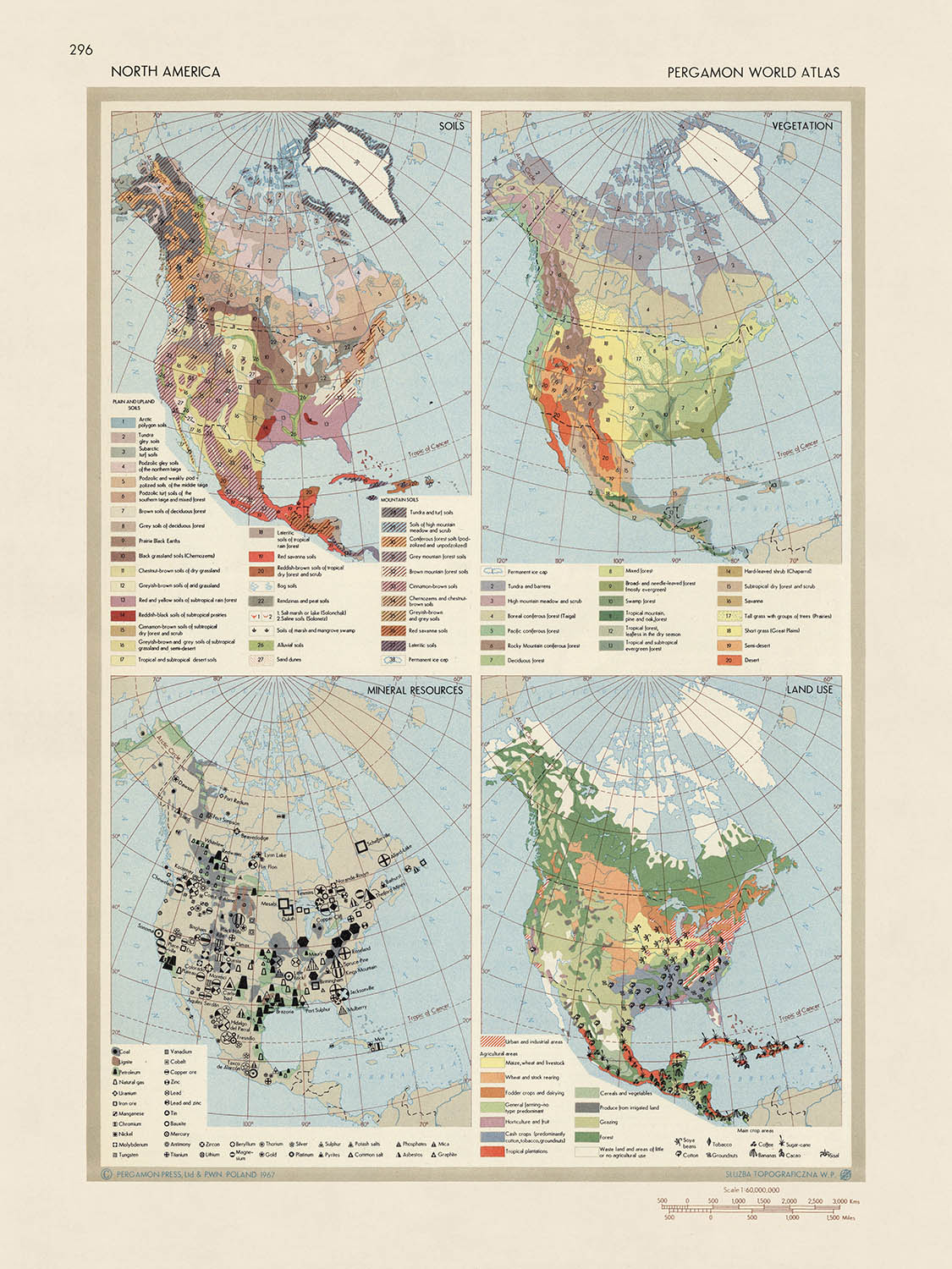 Old Infographic Map of North America, 1967: Land Use, Vegetation, Mineral Resources