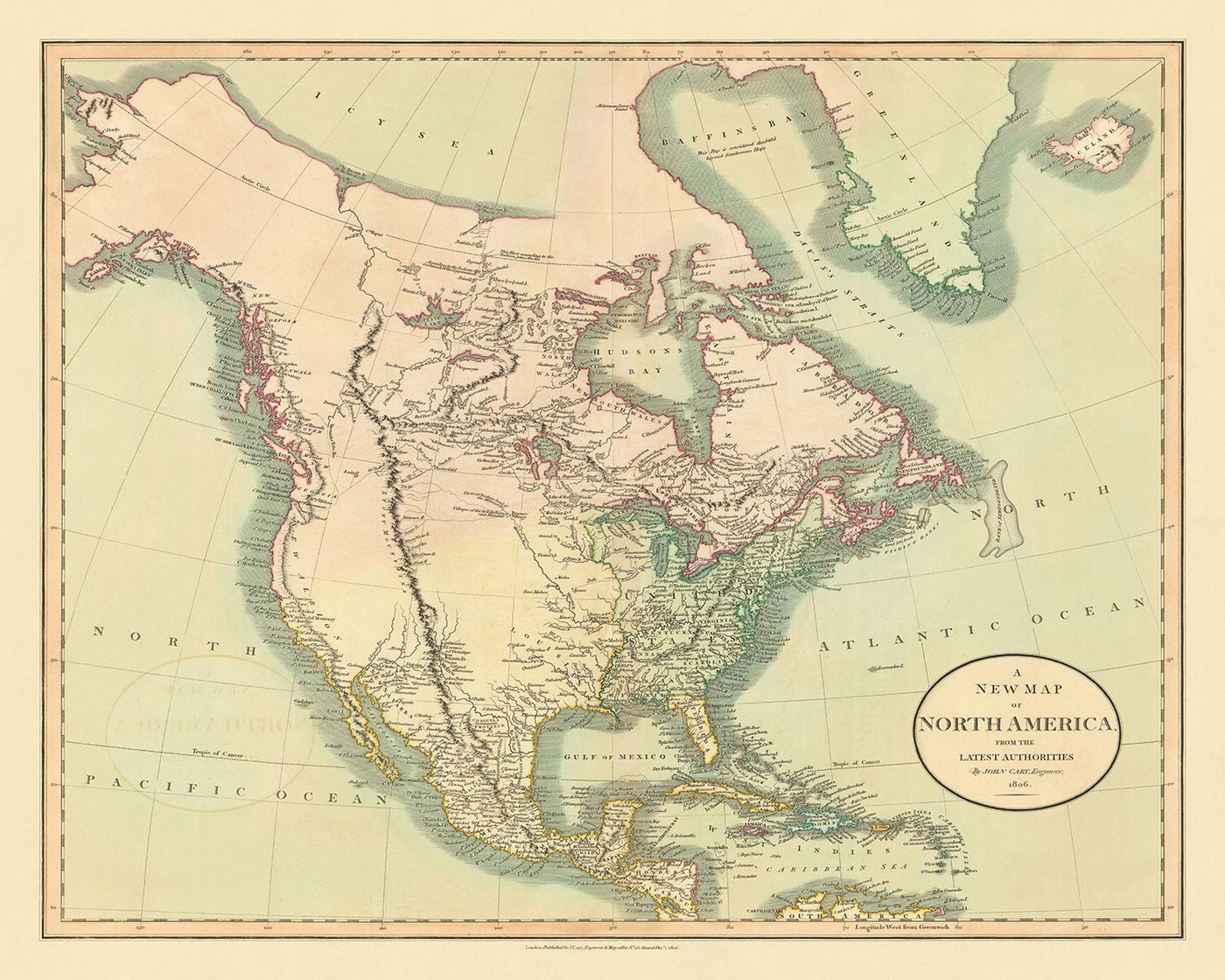 Ancienne carte de l'achat de la Louisiane en Amérique du Nord par Cary, 1806 : Côte incomplète de l'Alaska et du Canada 