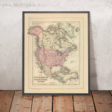 Antiguo mapa de América del Norte por Mitchell, 1884: Nueva York, Montañas Rocosas, Bahía de Hudson, Regiones polares, Ciudad de México