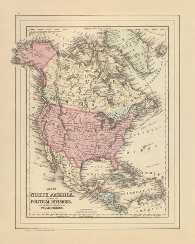 Ancienne carte de l'Amérique du Nord par Mitchell, 1884 : New York, Rocheuses, Baie d'Hudson, régions polaires, Mexico