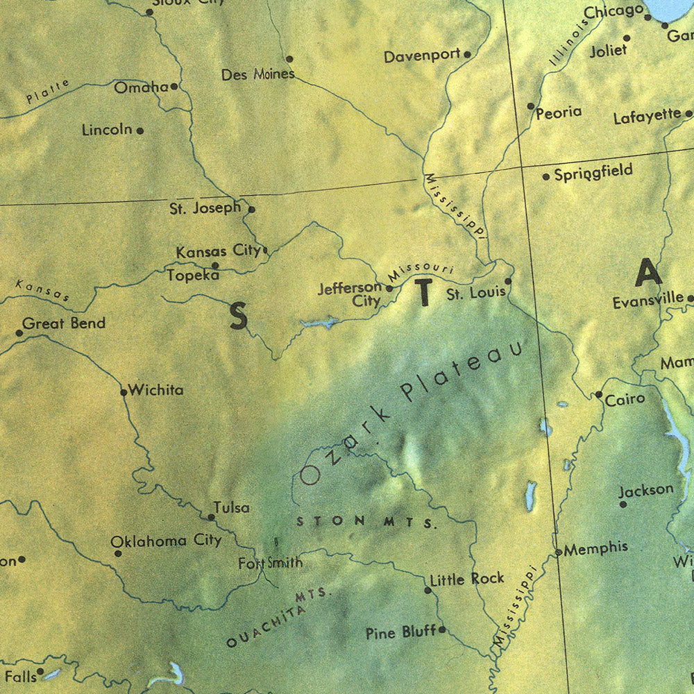 Old Shadow Relief Map of North America by Debenham, 1958: Detailed Relief, Mountain Ranges