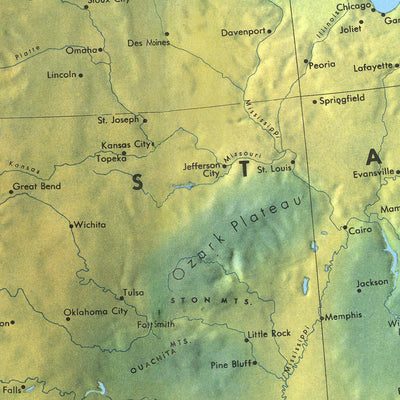 Old Shadow Relief Map of North America by Debenham, 1958: Detailed Relief, Mountain Ranges