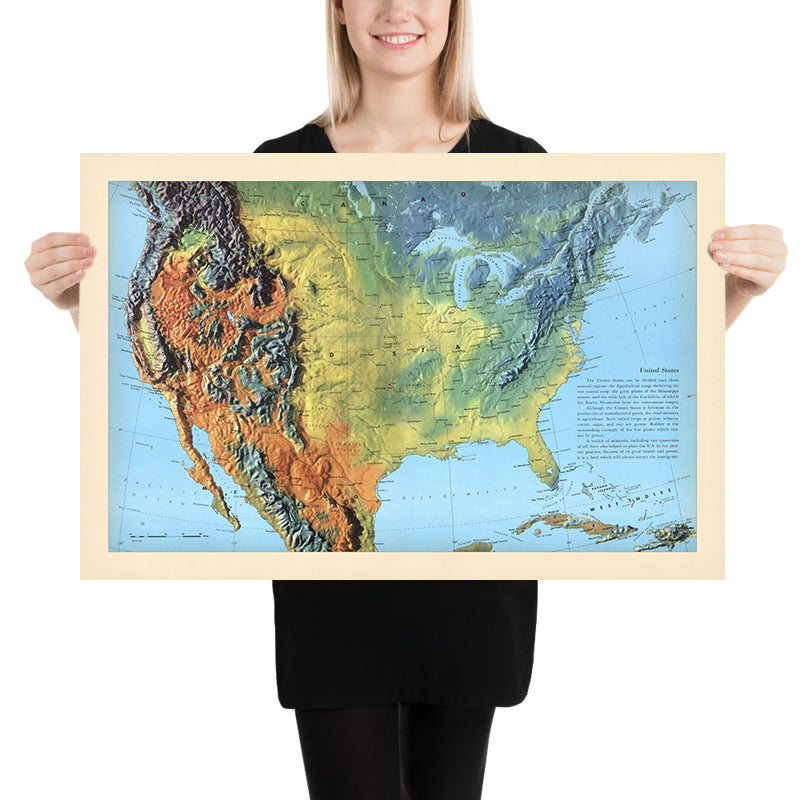 Old Shadow Relief Map of North America by Debenham, 1958: Detailed Relief, Mountain Ranges