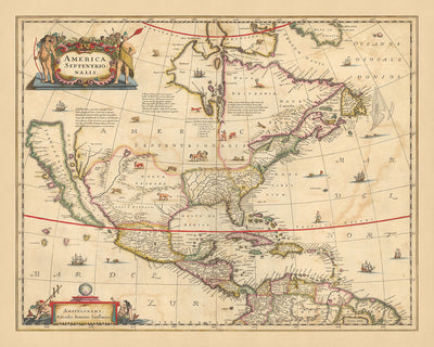 Ancienne carte de l'Amérique du Nord par Visscher, 1690 : Amérique centrale, Caraïbes, Mexico, Washington, Triangle des Bermudes