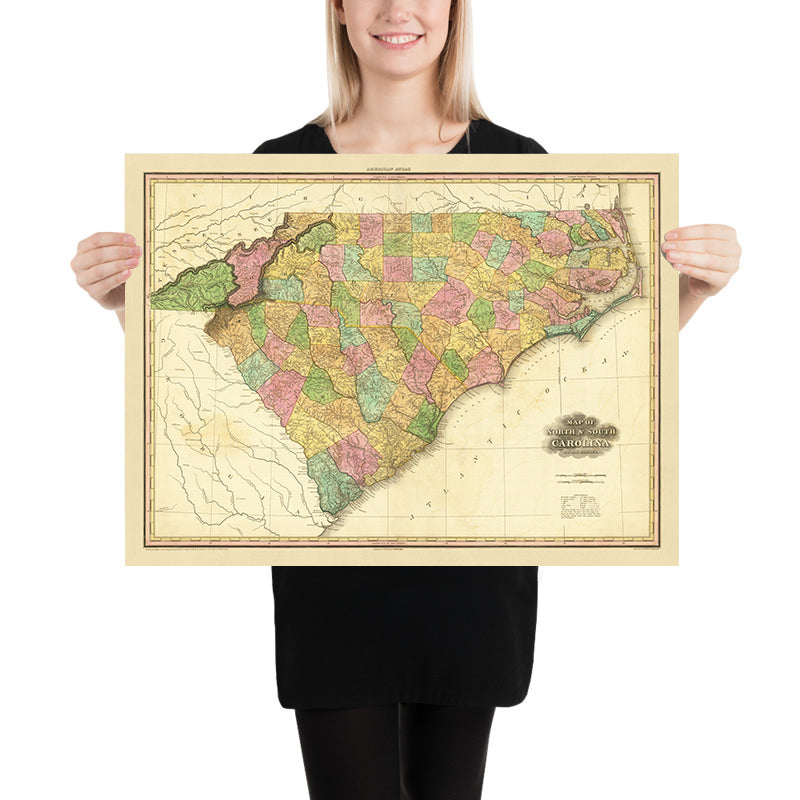 Ancienne carte de la Caroline du Nord et du Sud par Tanner, 1823 : Charleston, Columbia, Charlotte, Raleigh et Wilmington