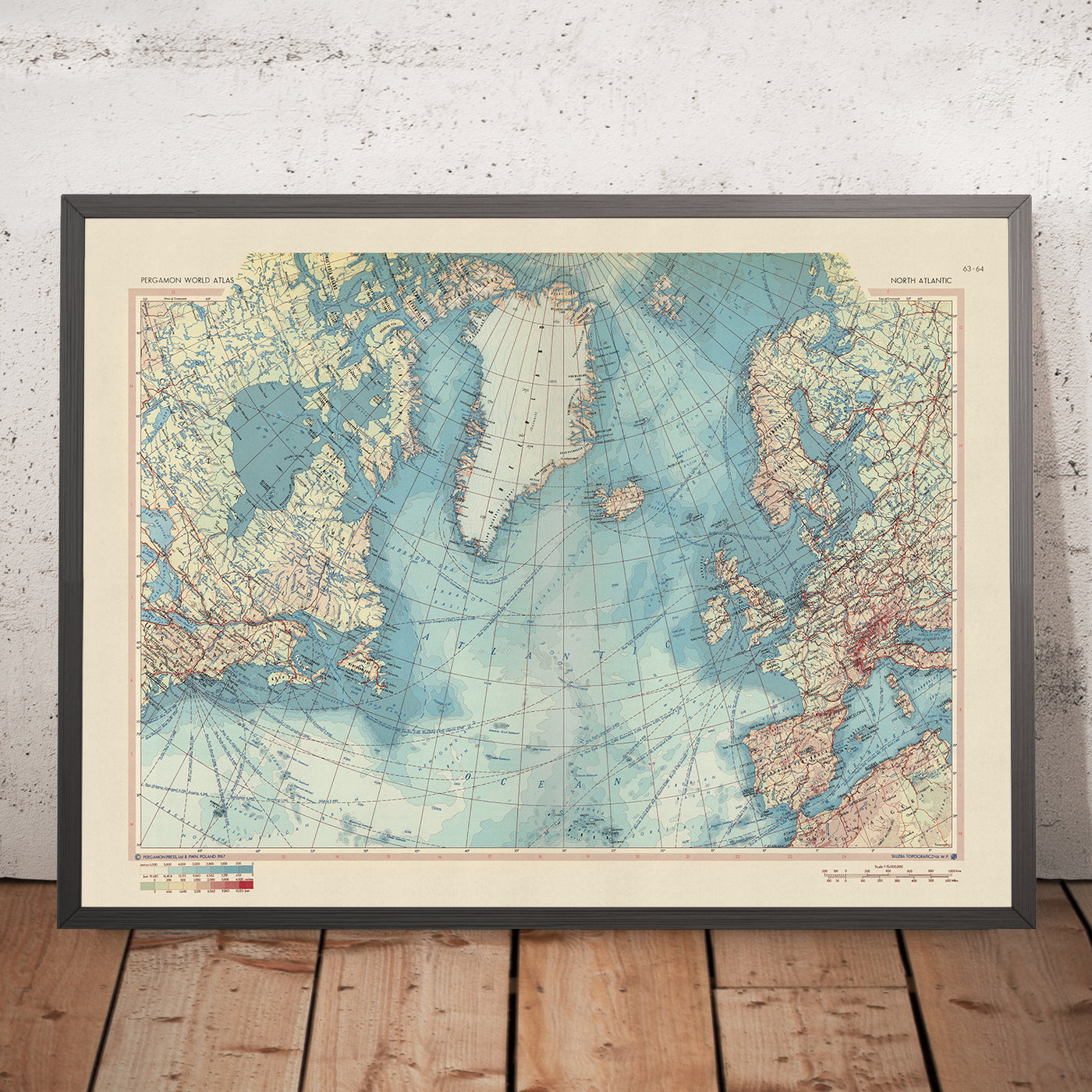 Mapa del Viejo Mundo del Atlántico Norte, 1967: Rutas Comerciales Marítimas, Canadá, Groenlandia, Islandia, Europa 