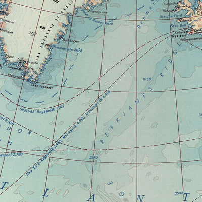 Mapa del Viejo Mundo del Atlántico Norte, 1967: Rutas Comerciales Marítimas, Canadá, Groenlandia, Islandia, Europa 