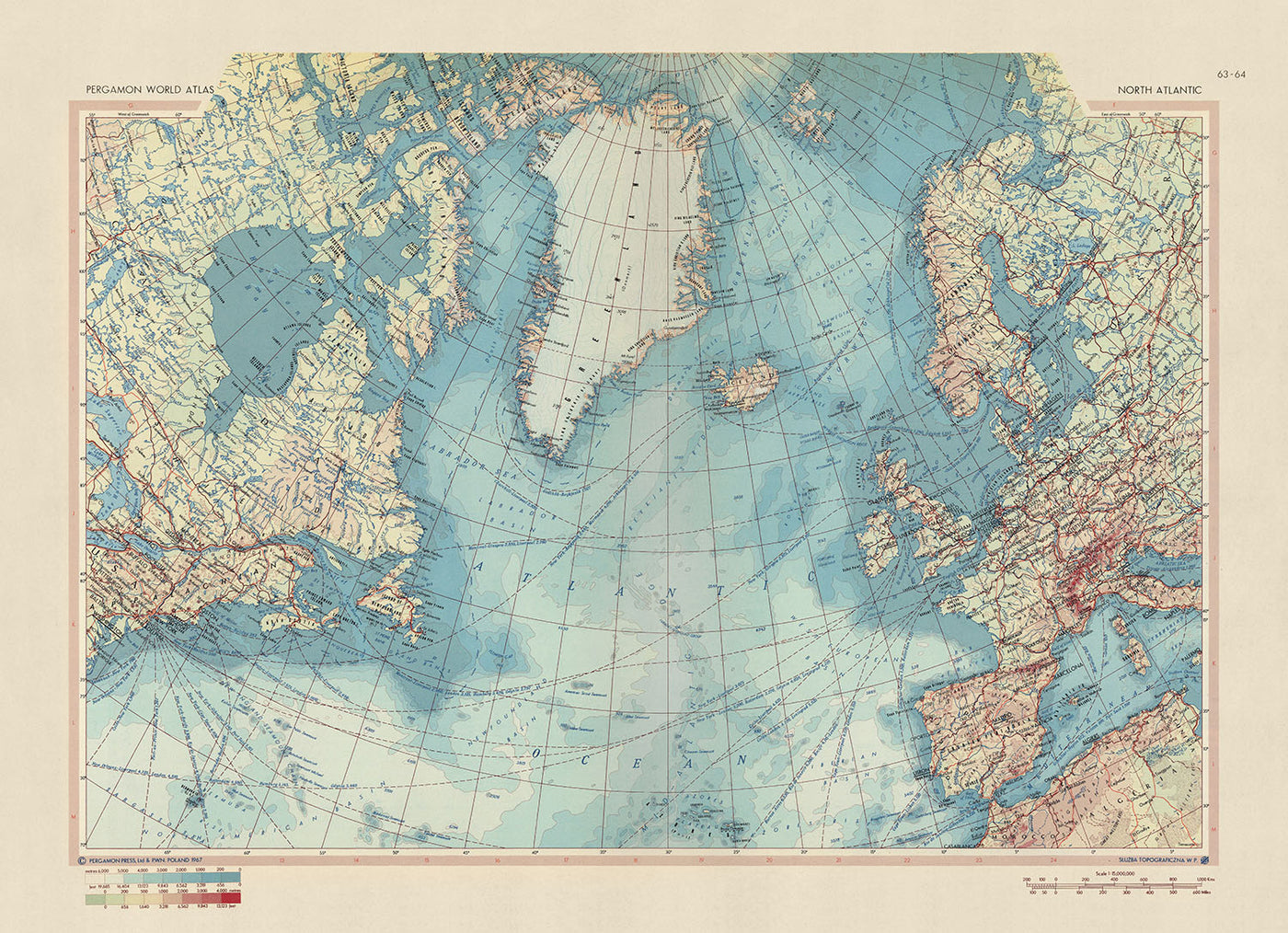 Mapa del Viejo Mundo del Atlántico Norte, 1967: Rutas Comerciales Marítimas, Canadá, Groenlandia, Islandia, Europa 
