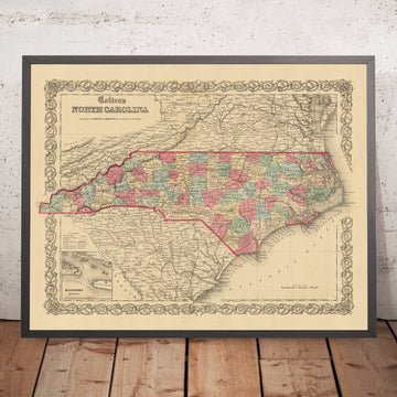Mapa antiguo de Carolina del Norte por JH Colton, 1858: Raleigh, Wilmington, New Bern, Fayetteville y Asheville