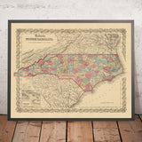Old Map of North Carolina by J. H. Colton, 1858: Raleigh, Wilmington, New Bern, Fayetteville, and Asheville