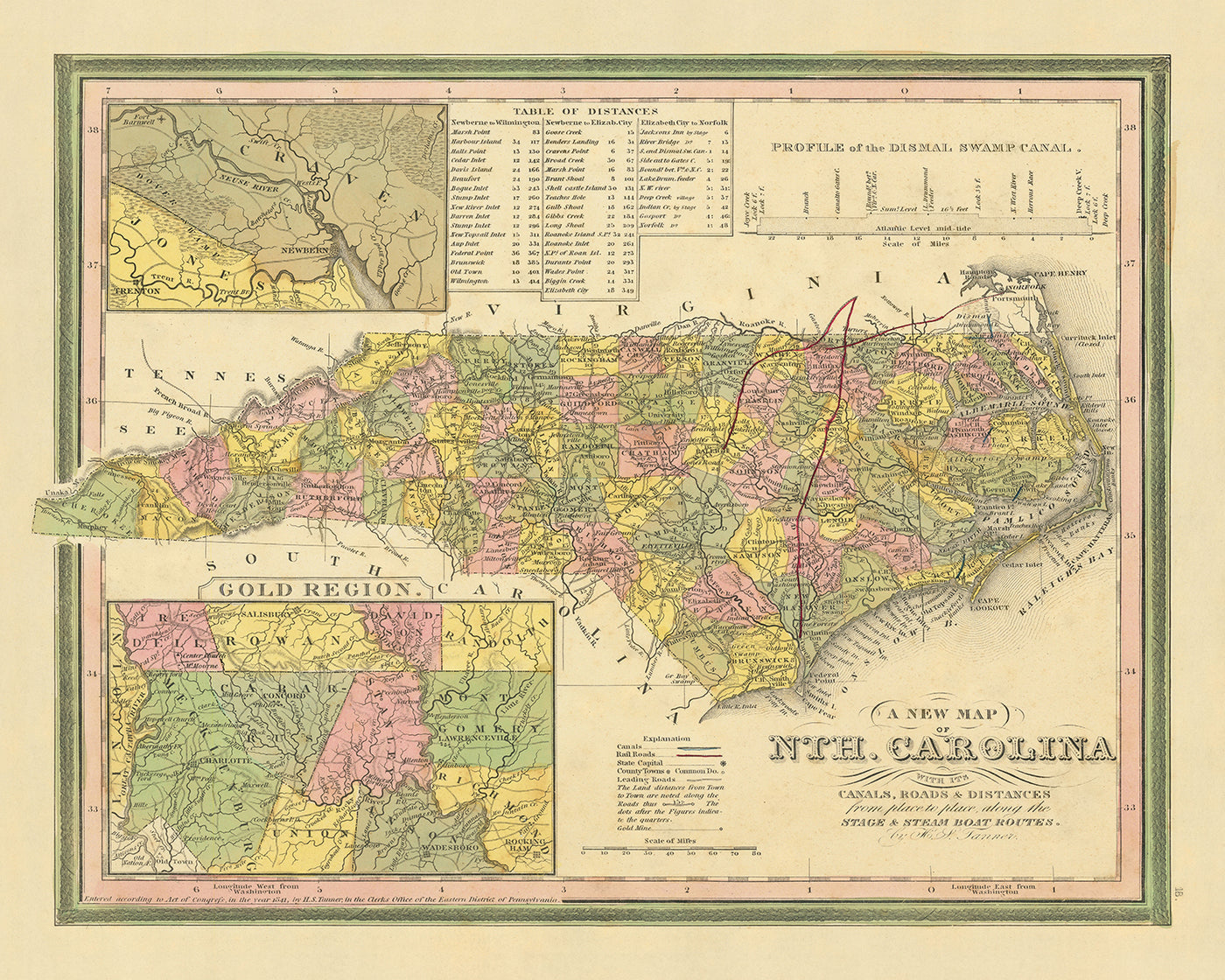 Alte Karte von North Carolina von Tanner, 1841: Raleigh, Charlotte, Asheville, Greensboro und Wilmington 