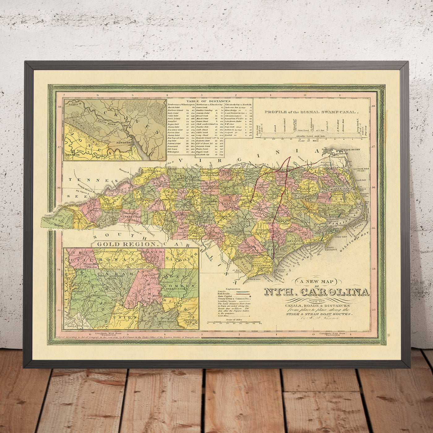 Alte Karte von North Carolina von Tanner, 1841: Raleigh, Charlotte, Asheville, Greensboro und Wilmington 