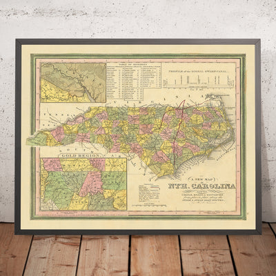 Alte Karte von North Carolina von Tanner, 1841: Raleigh, Charlotte, Asheville, Greensboro und Wilmington 