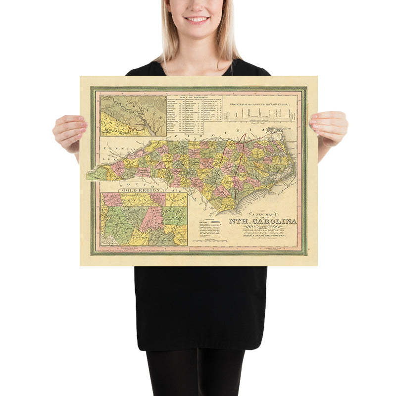 Alte Karte von North Carolina von Tanner, 1841: Raleigh, Charlotte, Asheville, Greensboro und Wilmington 