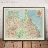 Mapa antiguo de Queensland y Territorio del Norte por Bartholomew, 1958: Brisbane, Darwin, Gran Barrera de Coral, Cabo York 