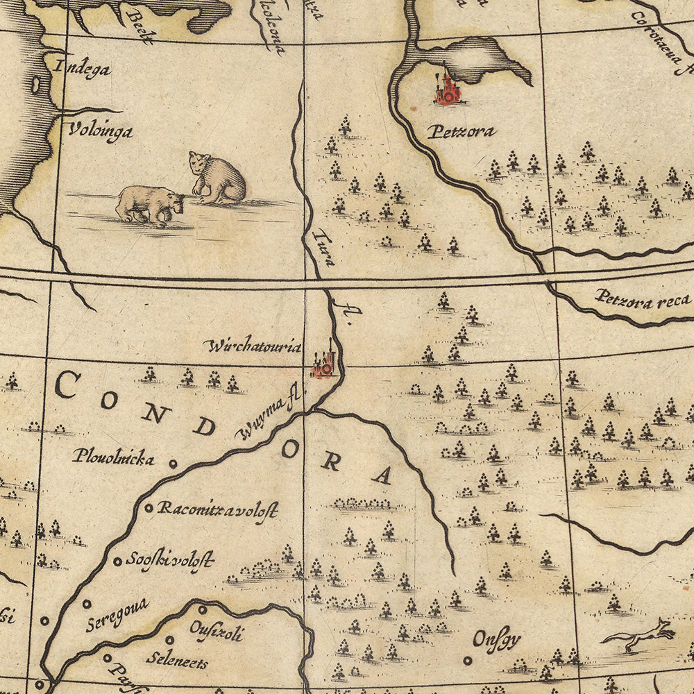 Old Map of Northern and Eastern Russia by Visscher, 1690: Arkhangelsk, Kazan, Vologda, Yaroslavl, Murmansk Tundra