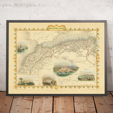 Old Map of Northern Africa by Tallis & Rapkin, 1851: Tunis, Algiers, Constantine, Atlas Mountains, Sahara