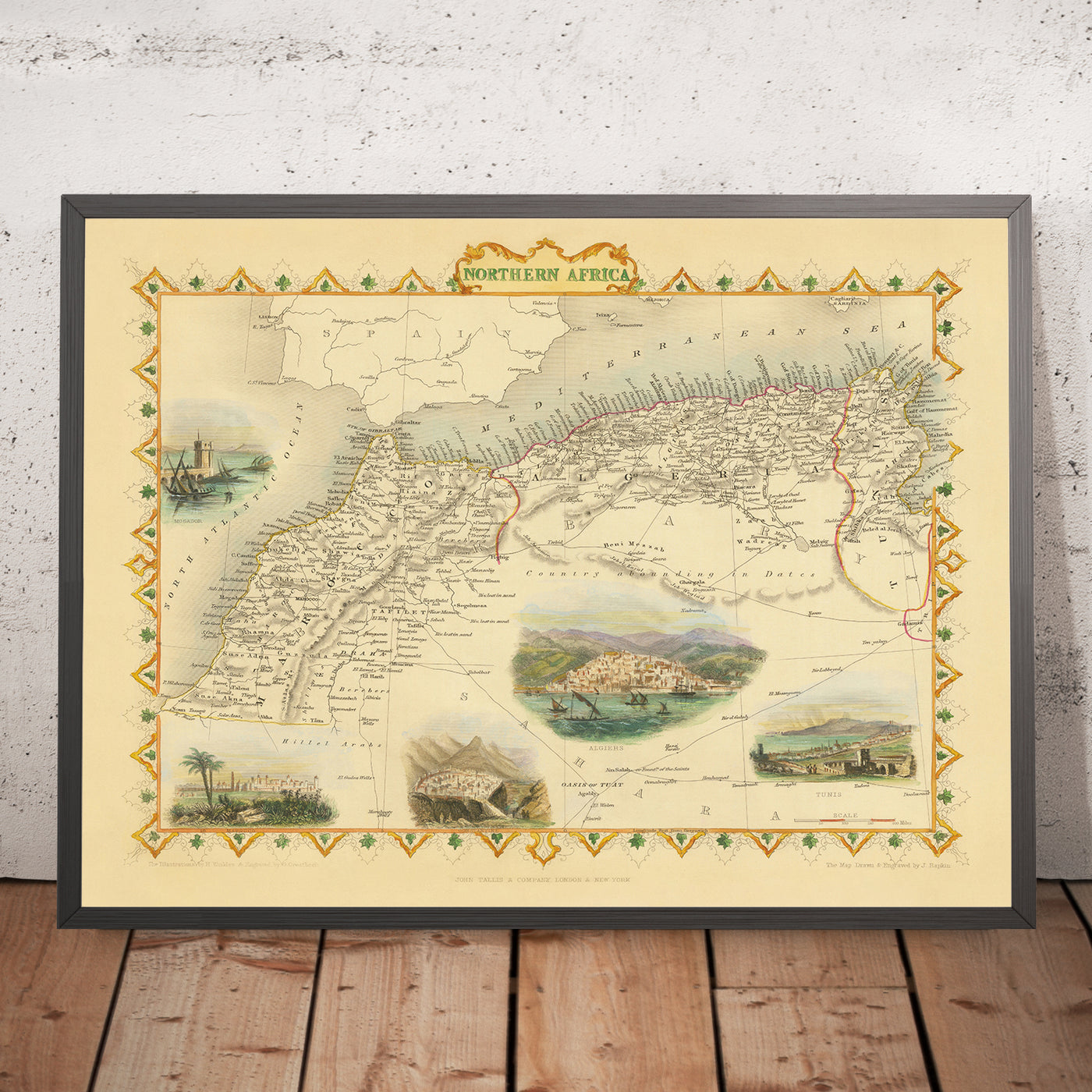 Ancienne carte de l'Afrique du Nord par Tallis & Rapkin, 1851 : Tunis, Alger, Constantine, montagnes de l'Atlas, Sahara 