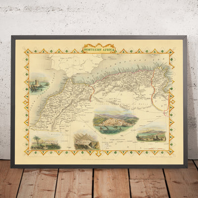 Ancienne carte de l'Afrique du Nord par Tallis & Rapkin, 1851 : Tunis, Alger, Constantine, montagnes de l'Atlas, Sahara 