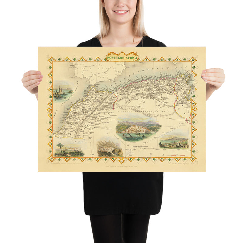 Ancienne carte de l'Afrique du Nord par Tallis & Rapkin, 1851 : Tunis, Alger, Constantine, montagnes de l'Atlas, Sahara 
