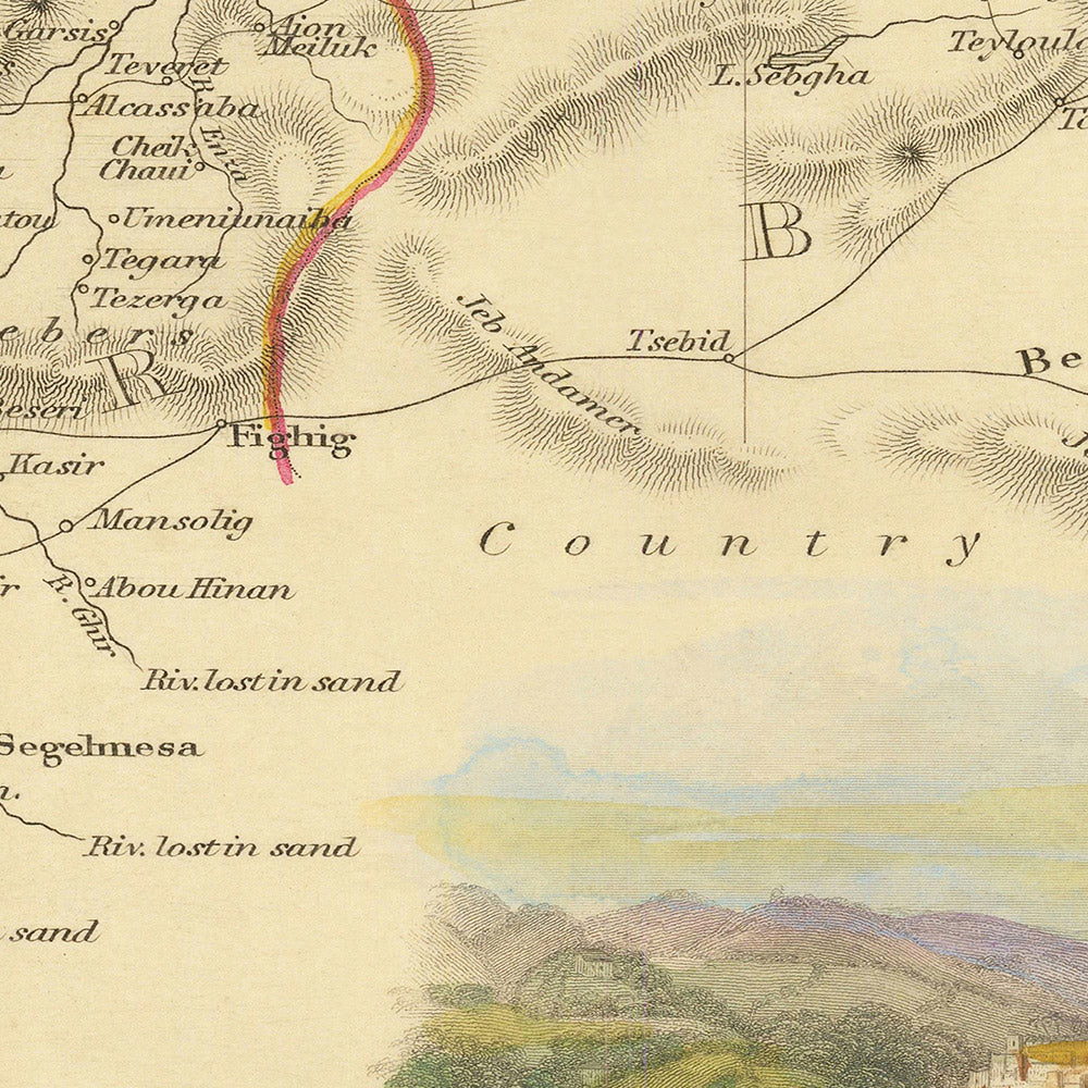 Ancienne carte de l'Afrique du Nord par Tallis & Rapkin, 1851 : Tunis, Alger, Constantine, montagnes de l'Atlas, Sahara 