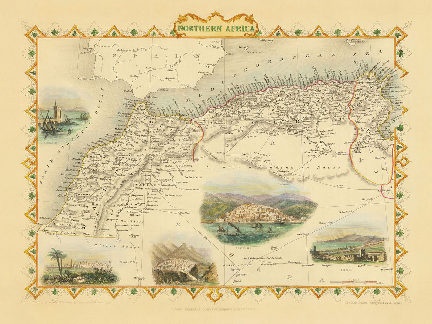 Ancienne carte de l'Afrique du Nord par Tallis & Rapkin, 1851 : Tunis, Alger, Constantine, montagnes de l'Atlas, Sahara 