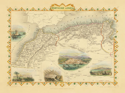 Ancienne carte de l'Afrique du Nord par Tallis & Rapkin, 1851 : Tunis, Alger, Constantine, montagnes de l'Atlas, Sahara 