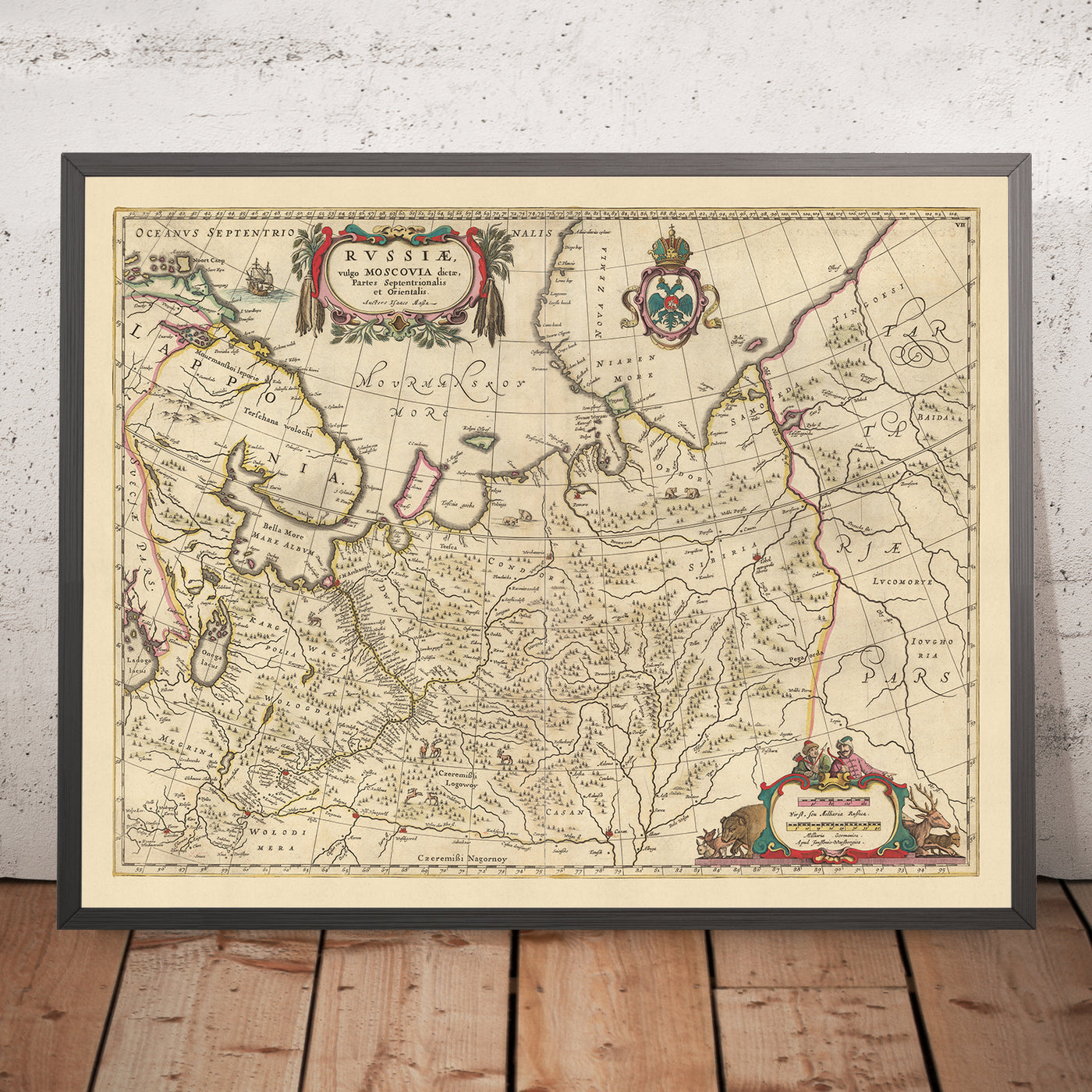 Old Map of Northern and Eastern Russia by Visscher, 1690: Arkhangelsk, Kazan, Vologda, Yaroslavl, Murmansk Tundra
