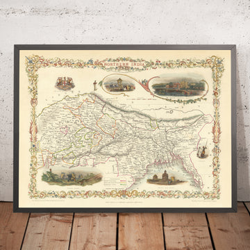 Alte Karte von Nordindien, Bangladesch, Bhutan und Nepal von Tallis & Rapkin, 1851: Delhi, Kalkutta, Himalayas, Ganges 