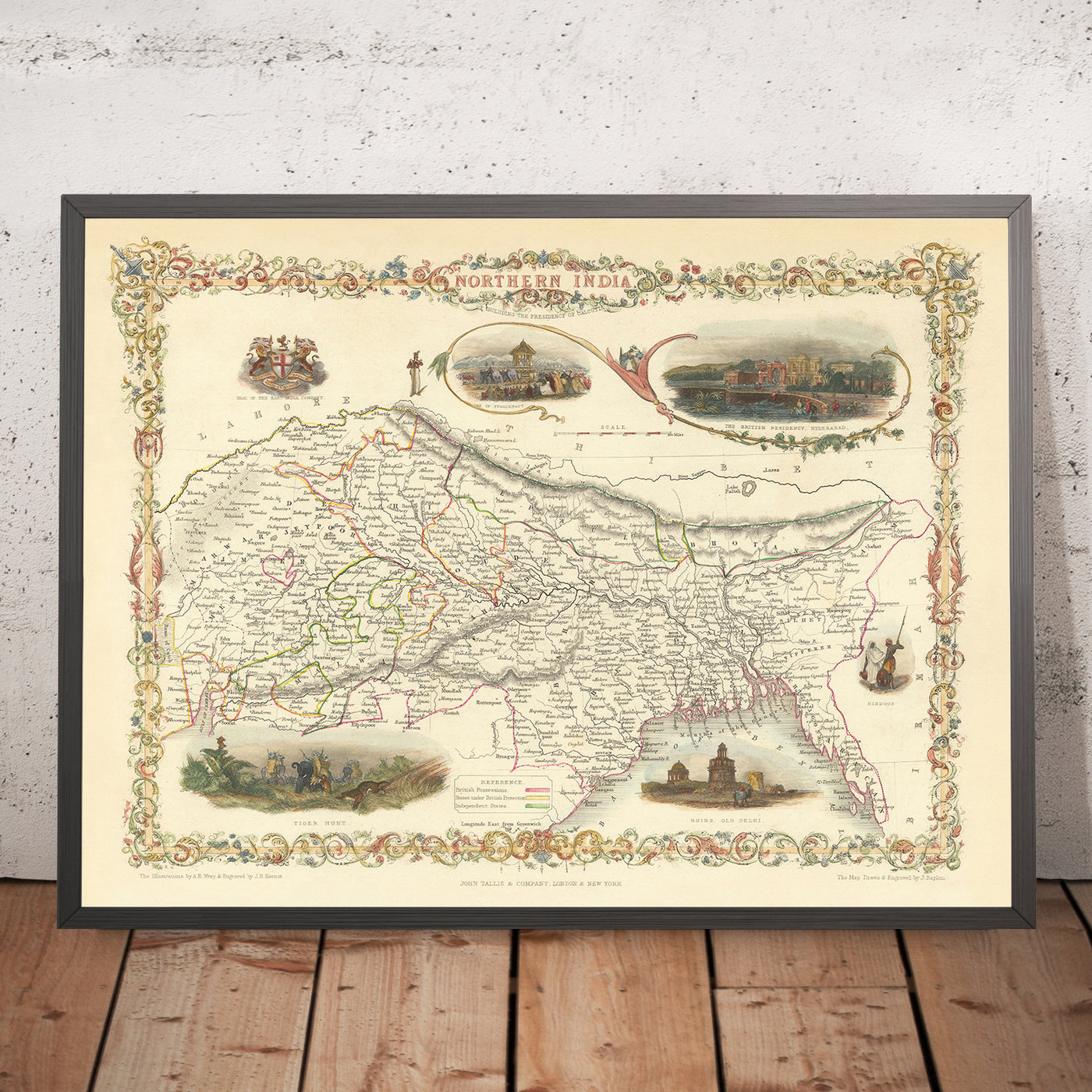 Old Map of Northern India, Bangladesh, Bhutan and Nepal by Tallis & Rapkin, 1851: Delhi, Calcutta, Himalayas, Ganges