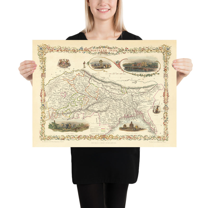 Old Map of Northern India, Bangladesh, Bhutan and Nepal by Tallis & Rapkin, 1851: Delhi, Calcutta, Himalayas, Ganges