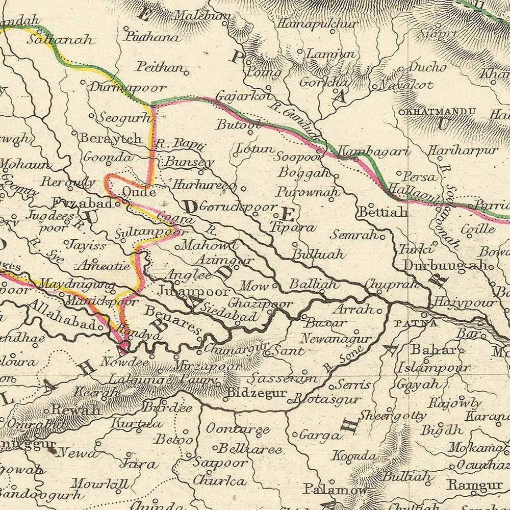 Old Map of Northern India, Bangladesh, Bhutan and Nepal by Tallis & Rapkin, 1851: Delhi, Calcutta, Himalayas, Ganges