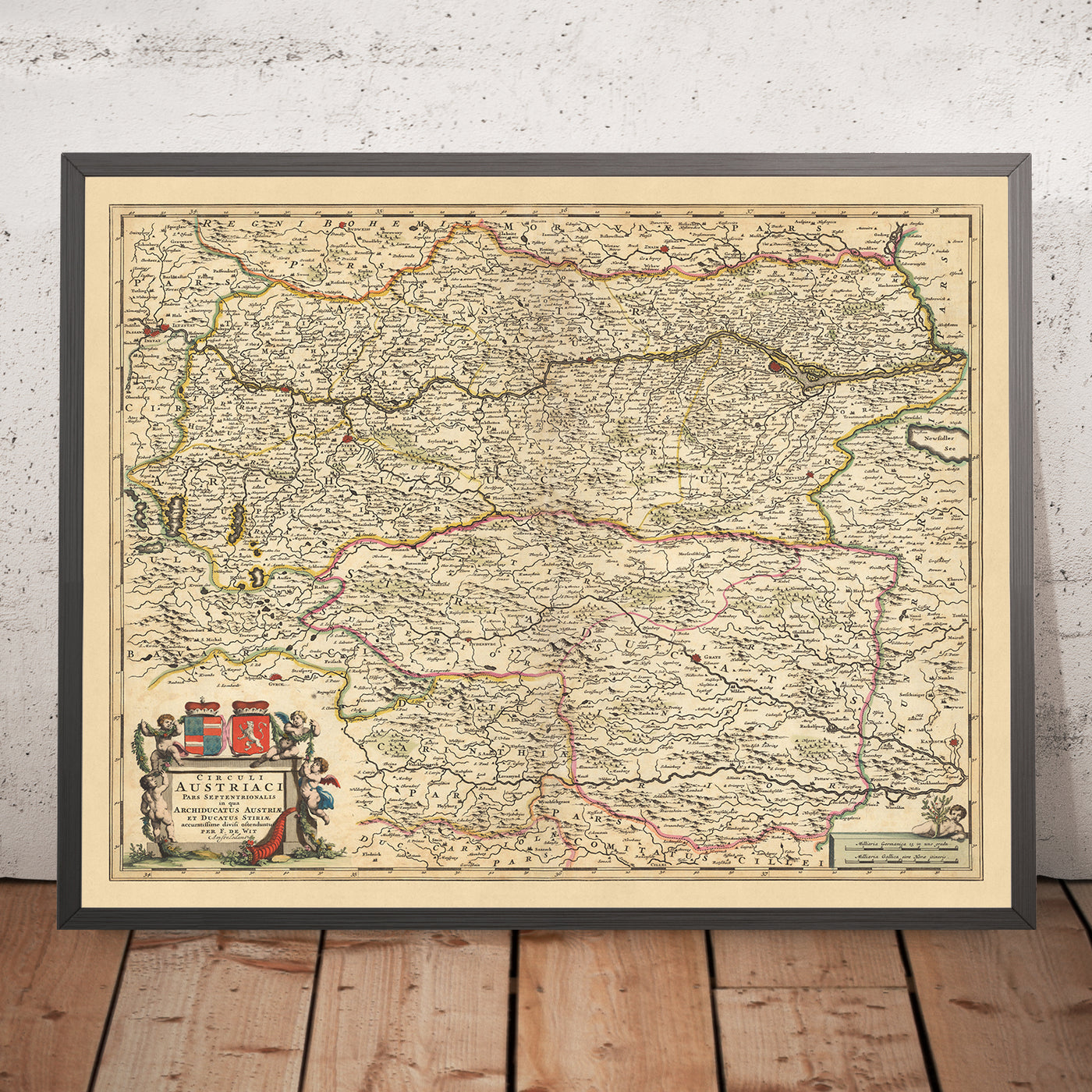 Mapa antiguo del Círculo del Norte de Austria por Visscher, 1690: Viena, Graz, Linz, Maribor, Parque Nacional Gesäuse