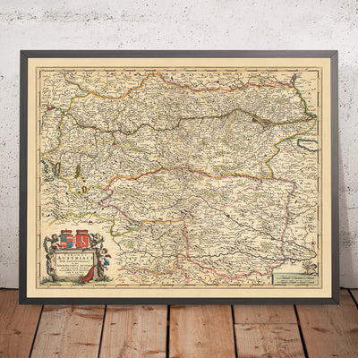 Mapa antiguo del Círculo del Norte de Austria por Visscher, 1690: Viena, Graz, Linz, Maribor, Parque Nacional Gesäuse