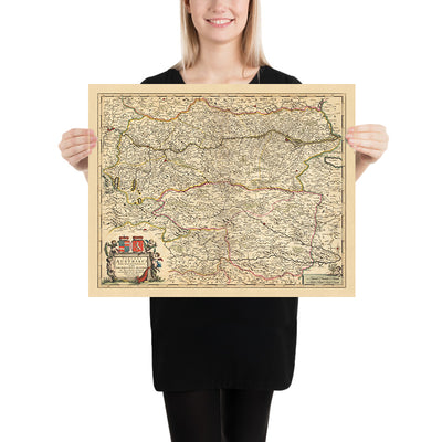 Mapa antiguo del Círculo del Norte de Austria por Visscher, 1690: Viena, Graz, Linz, Maribor, Parque Nacional Gesäuse