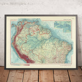 Ancienne carte de l'Amérique du Sud nord, 1967 : fleuve Amazone et bassin, montagnes des Andes, canal de Panama, Caraïbes 