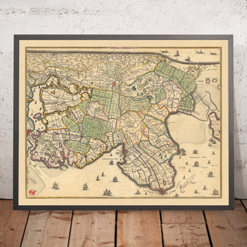 Ancienne carte de la Hollande du Nord par Visscher, 1690 : Amsterdam, Alkmaar, Hoorn, Beverwijk, Purmerend