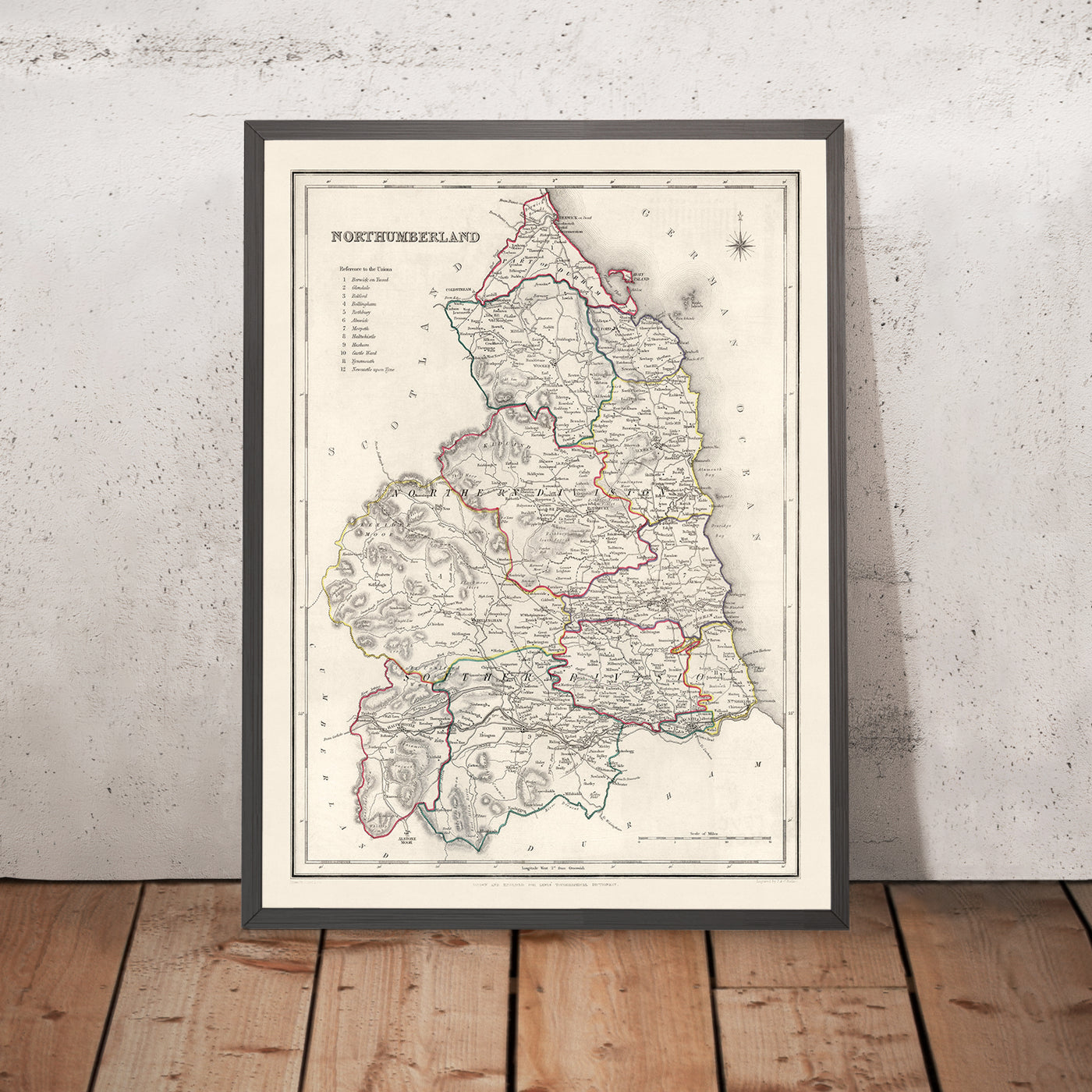 Alte Karte von Northumberland von Samuel Lewis, 1844: Newcastle upon Tyne, Blyth, Cramlington, Ashington und Bedlington 